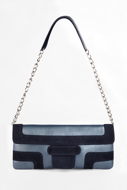 Women's denim blue and navy blue small baguette bag - Worn view